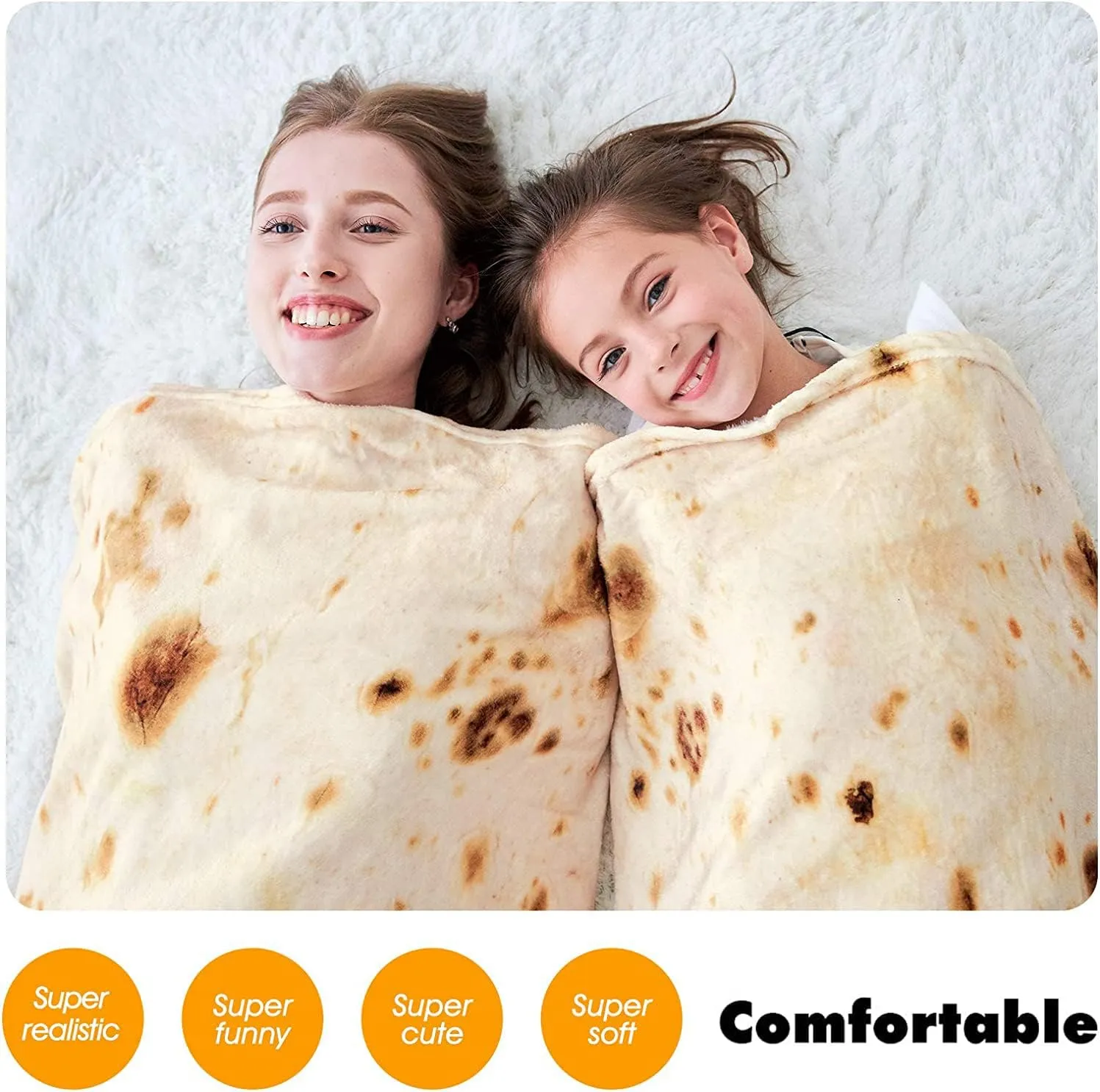 Persona envuelta en una cobija de burrito beige como un burrito gigante