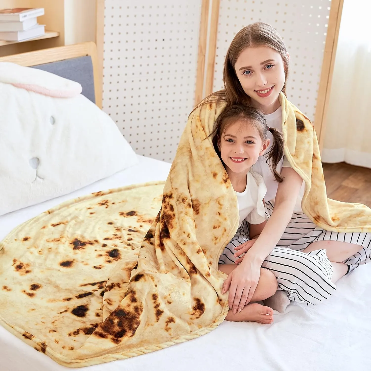 Tortilla blanket laid flat showing the realistic round tortilla print